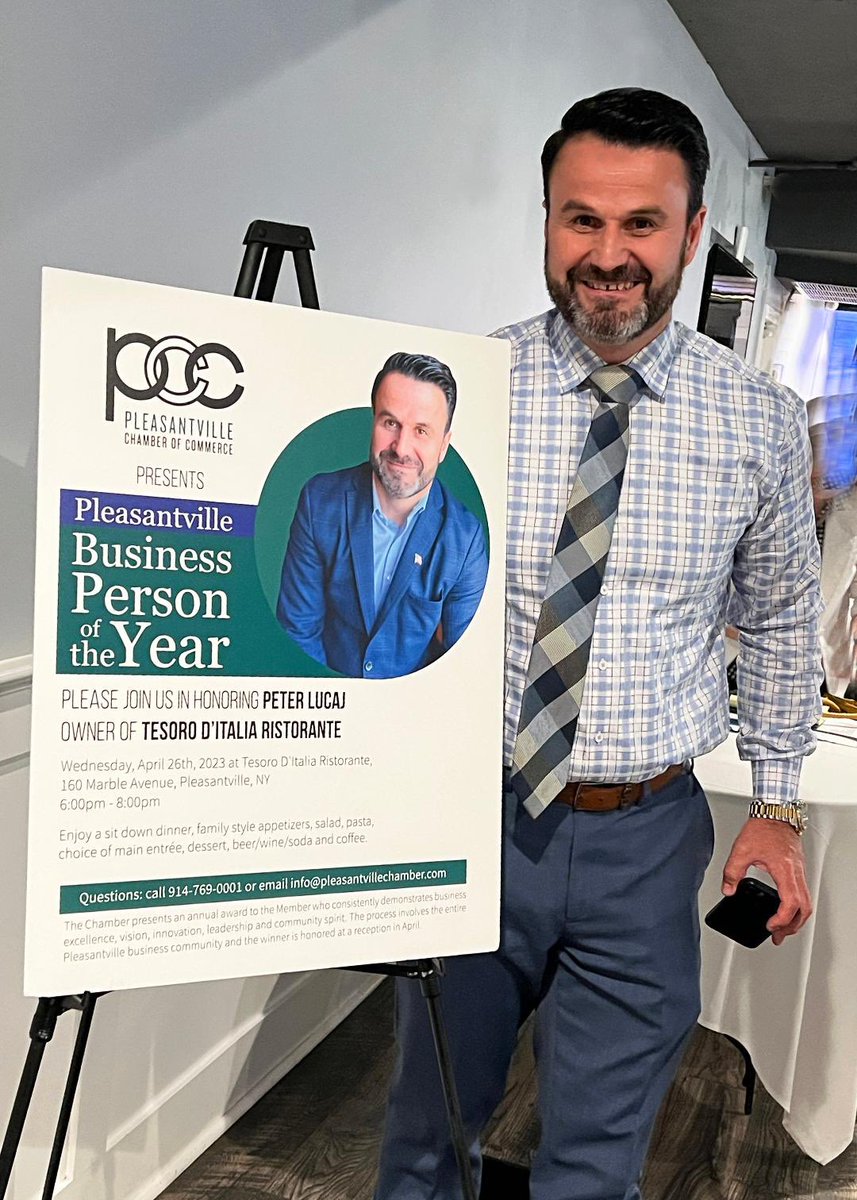ExaminerMedia's tweet photo. Peter Lucaj of Tesoro D'Italia Ristorante was voted by Pleasantville Chamber of Commerce members as the Business Person of the Year in 2019. COVID delayed the formal honor. He was celebrated last night at his restaurant.

-Photo &amp; caption details via Donna Mueller @greatkeepsakes https://t.co/iuUFgRd3ar