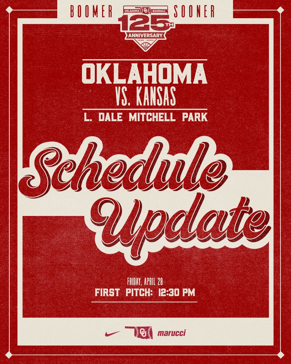 OU_Baseball's tweet photo. 🚨 𝐒𝐂𝐇𝐄𝐃𝐔𝐋𝐄 𝐔𝐏𝐃𝐀𝐓𝐄 🚨

Friday's series opener vs. Kansas has been moved up to 12:30 p.m. due to the forecast of inclement weather Friday evening.

Saturday (3 p.m.) and Sunday (2 p.m.) game times remain unchanged.

📝 https://t.co/MF1HveDAgK https://t.co/0qrQbDcmMN