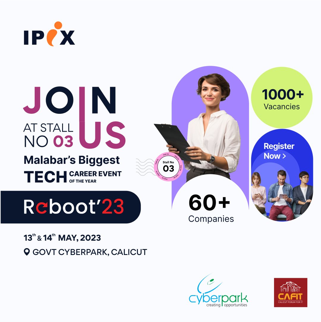 ipixtech's tweet photo. ALERT to the job seekers‼️‼️📣📣📣
Reboot’23 is knocking,
Visit us at stall No.3, to take your next step in career📣
This could be your big break💯‼️

Register Now:- https://t.co/XeYk0ms10c

#reboot #reboot23 #joinusatreboot #jobfair #megajobfair #megaopenings #jobhunting #ipix https://t.co/Vap1lmsyfl