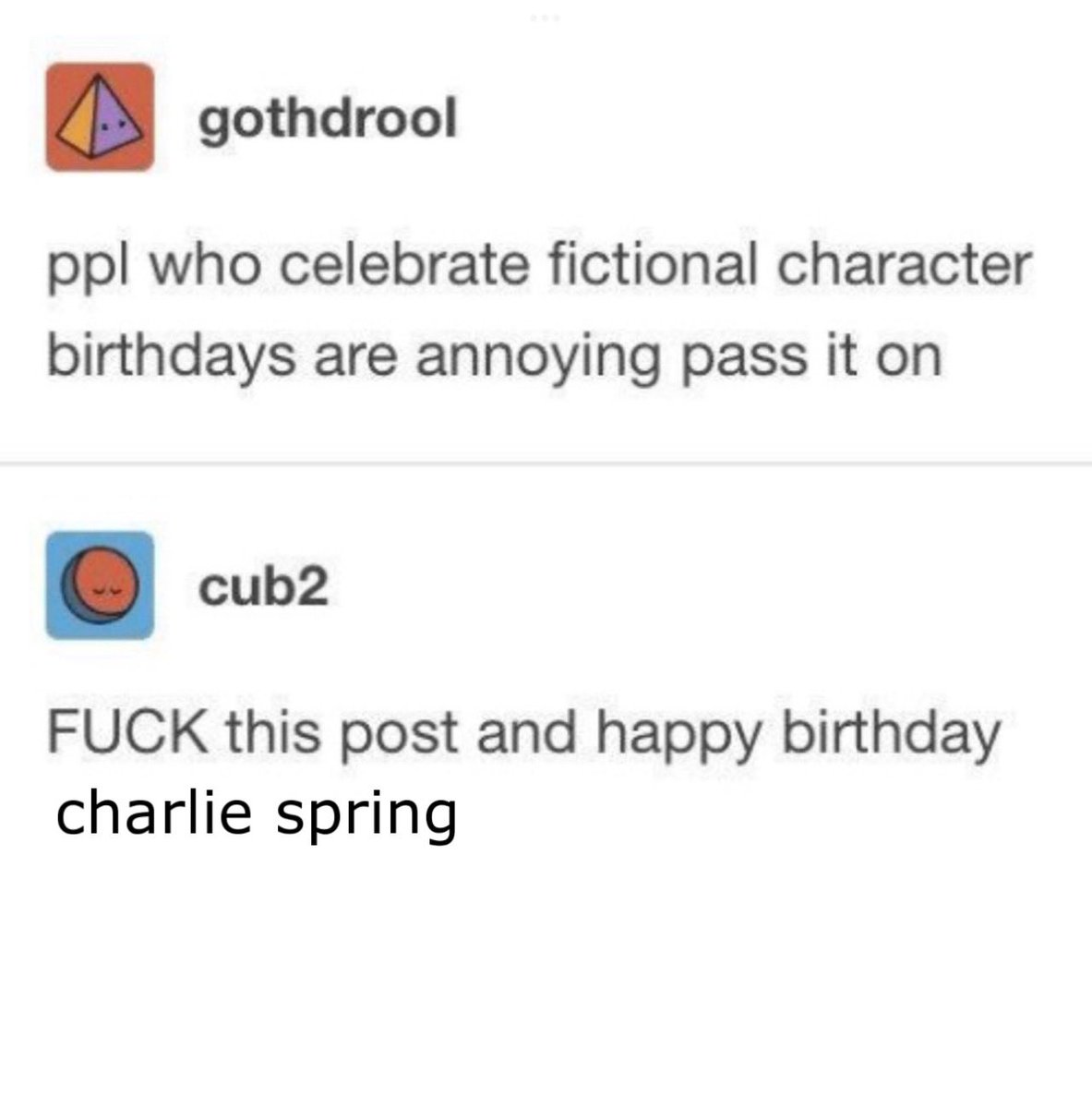 chrliethinker's tweet photo. only pretty people wish charlie spring happy birthday and celebrate it! https://t.co/ztnpLYYp5l