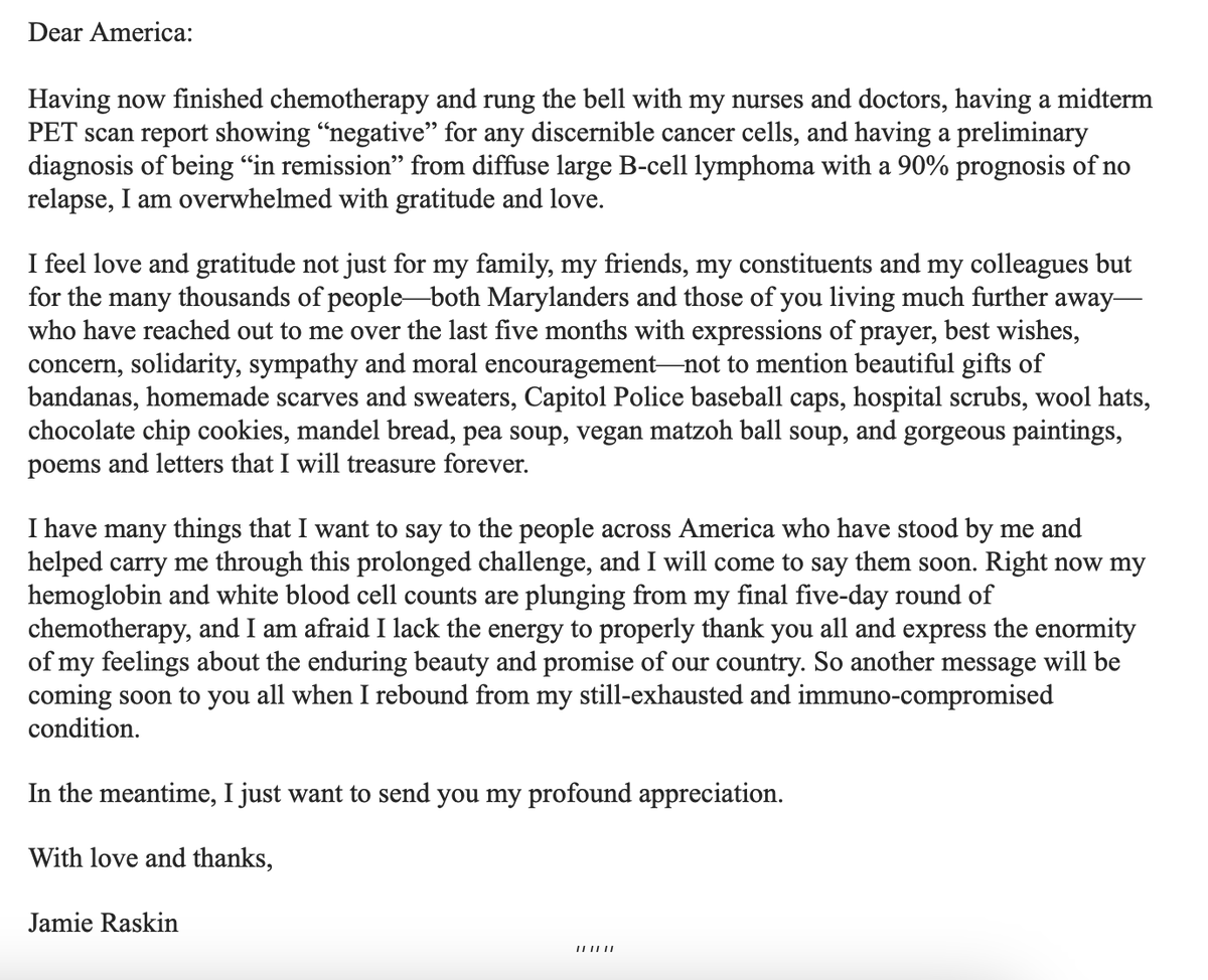 nicholaswu12's tweet image. Rep. Raskin in open letter says that his cancer is in remission following chemotherapy