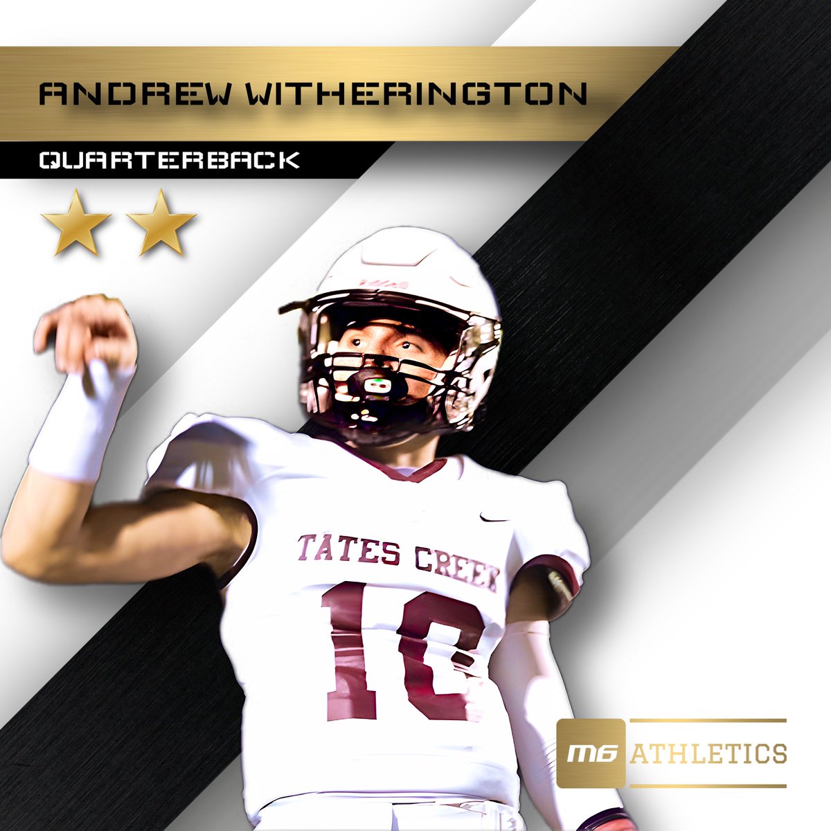 M6Athletics's tweet photo. Andrew Witherington, QB

Official Rating: ⭐️⭐️

Listed QB, but he’s a Footballer. Though very raw, he’s an elite competitor with good athleticism.  Physically behind the curve, but will fill out. Once he does, we believe he could be FCS version of Johnny Football (Football Wise). https://t.co/Ok688qx9Kz