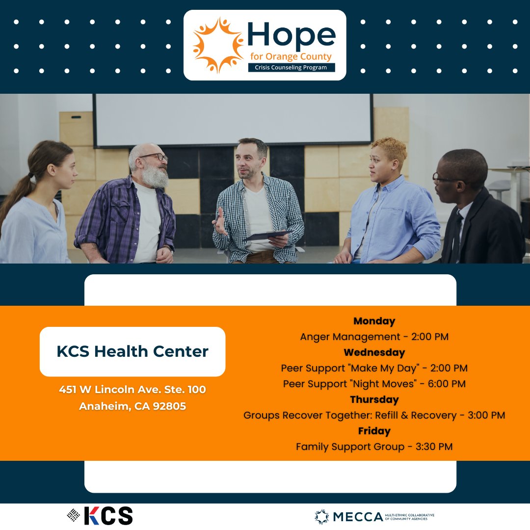 KCSHealthCenter's tweet photo. Good #mentalhealth can be difficult to maintain, especially now. We're here to support you with culturally competent group counseling. Join us for our upcoming group sessions, or reach out for more options.

#ocmecca #hopefororangecounty #kcshealthcenter https://t.co/q1ebCiUgRR