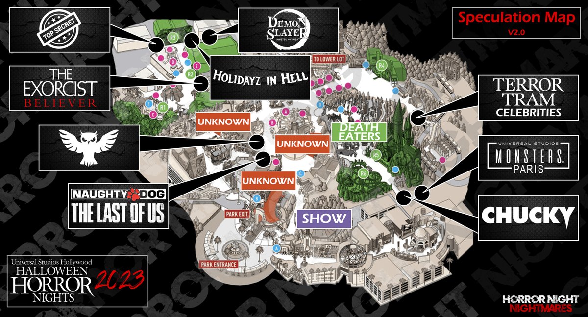 HNNightmares's tweet photo. 🚨The Original "Retro" Speculation Maps v2.0 🚨

You've waited long enough, here is what we have as of this MINUTE! Right, or wrong, it's SPECULATION! Based off rumors, spec and discussion.  We stress that, period! It's for fun, enjoy them! #HHN #HHN32 #HHN2023 #HHNForever https://t.co/cZVt6R2Fj2
