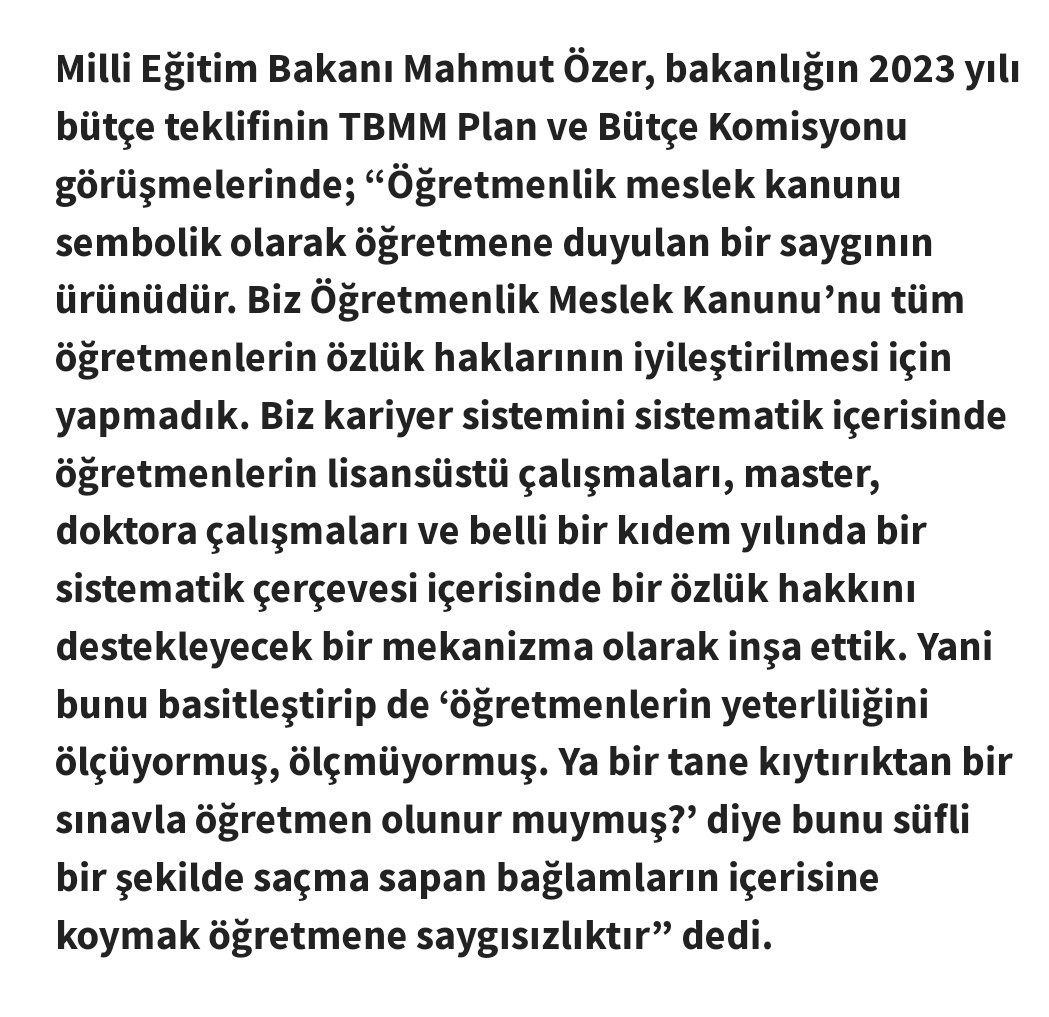 Sayın Milli Eğitim Bakanı Mahmut Özer <a href="/prof_mahmutozer/">Mahmut Özer</a>
aşağıdaki açıklamanıza istinaden "unvansız" 26 yıllık bir öğretmen olarak sormak isterim.Neden  tüm öğretmenlerin mali ve özlük haklarını içeren ve iyileştiren meslek kanunu yapılmadı?
#OMKyaKırmızıKart