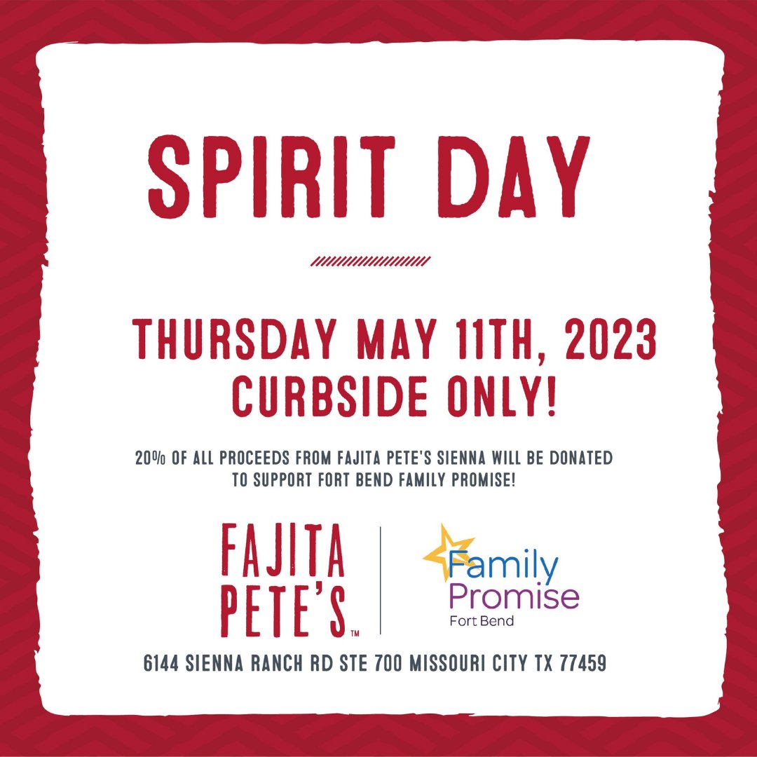 FBFamilyPromise's tweet photo. #spiritday #joinus #fortbendfamilypromise #fajitapete #fundraiser #fundraising #goodeats #lunch #dinner

https://t.co/UlNO4CWiZe https://t.co/S9GzkUYxP1