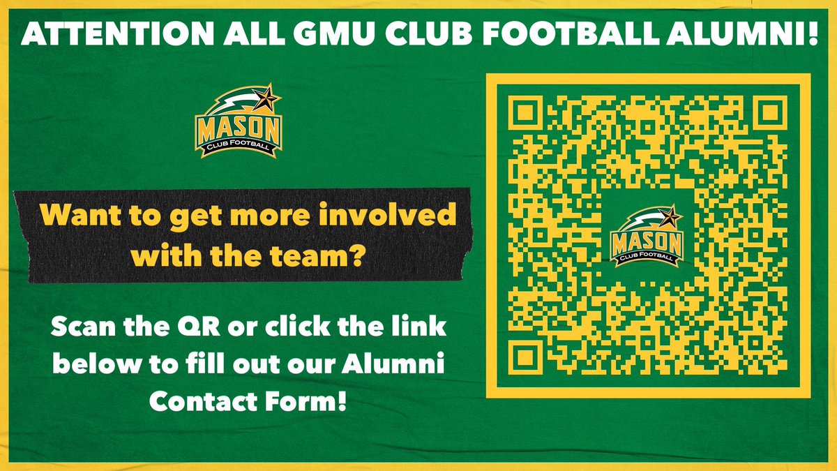 GMUClubFootball's tweet photo. Want to get more involved as a GMU football alumni? Click the link in our bio or screenshot and scan the QR code! 🔰🏈🔰 https://t.co/KLpbhmBjZA