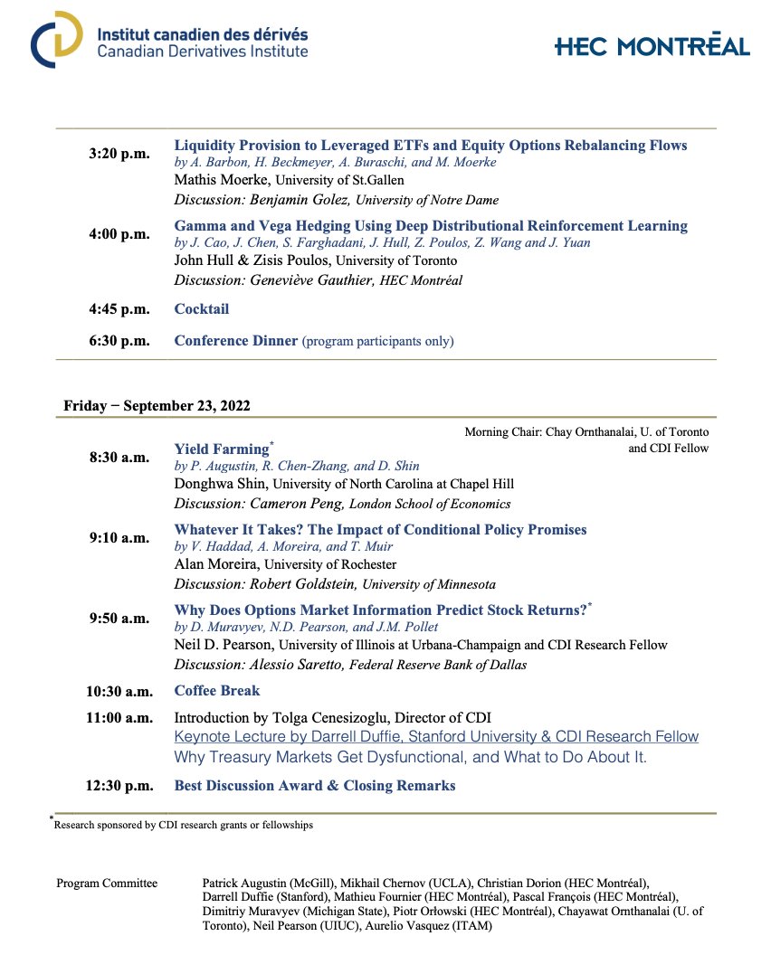professorpiotr's tweet photo. Hey #finance folks, conference alert! Submit your papers to the 2023 Canadian #Derivatives Institute Conference by May 4th.

To submit, email your paper to cdi-icd@hec.ca. That's it. No fees.

The conference is on Sep 14th-15th in Montreal. Last year's program ⬇️ https://t.co/2YI4H4RBMN