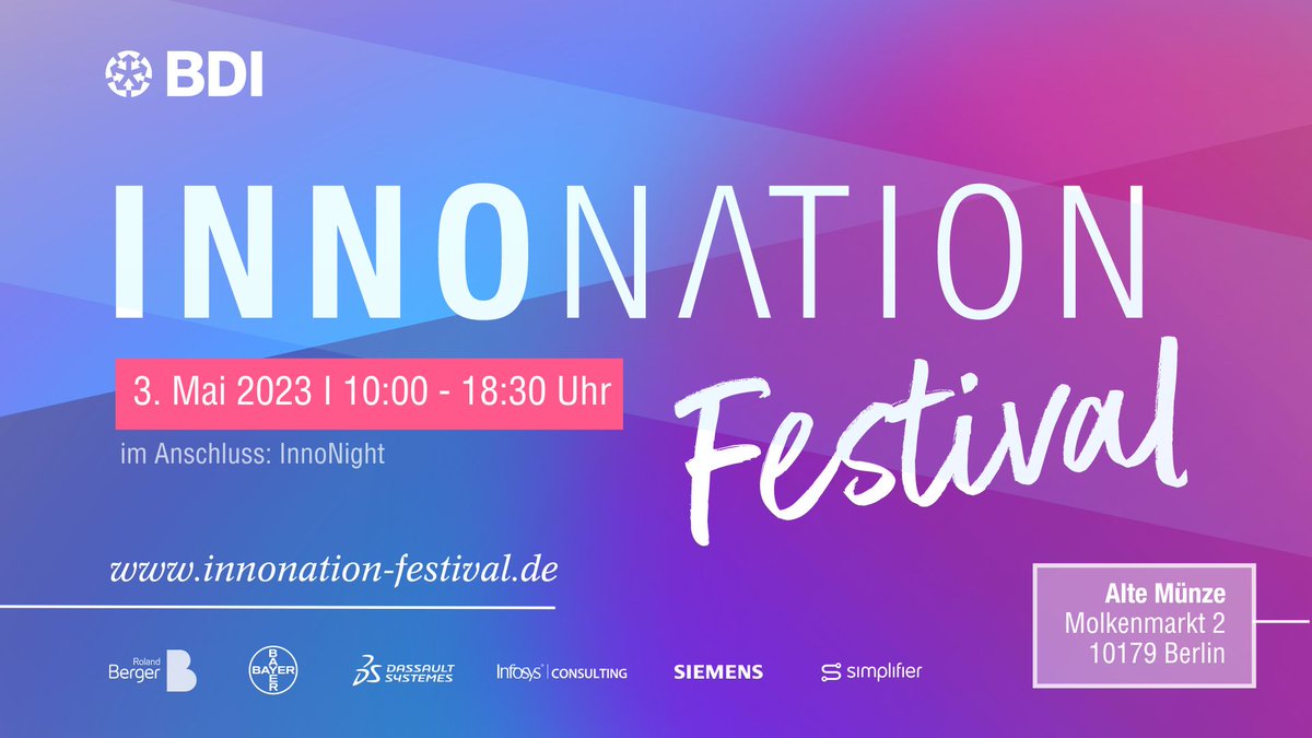 ⏰ Weniger als eine Woche bis zum #InnoNation und wir sind auch mit einem Workshop vertreten!

📅 3. Mai I 15:45-17.00 Uhr I Alte Münze Berlin
📍 Deep Dive Area Green

Thema: Gendered Innovations: Warum Diversität für Innovation und Wettbewerbsfähigkeit essenziell ist.
<a href="/Der_BDI/">BDI</a>