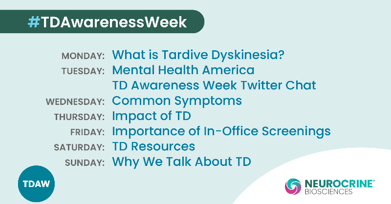 neurocrine's tweet photo. Next week is the start of the 6th annual #TDAwarenessWeek. Follow along May 1–7 as we share information about tardive dyskinesia (TD), the importance of regular in- office screenings, available educational resources, and more.