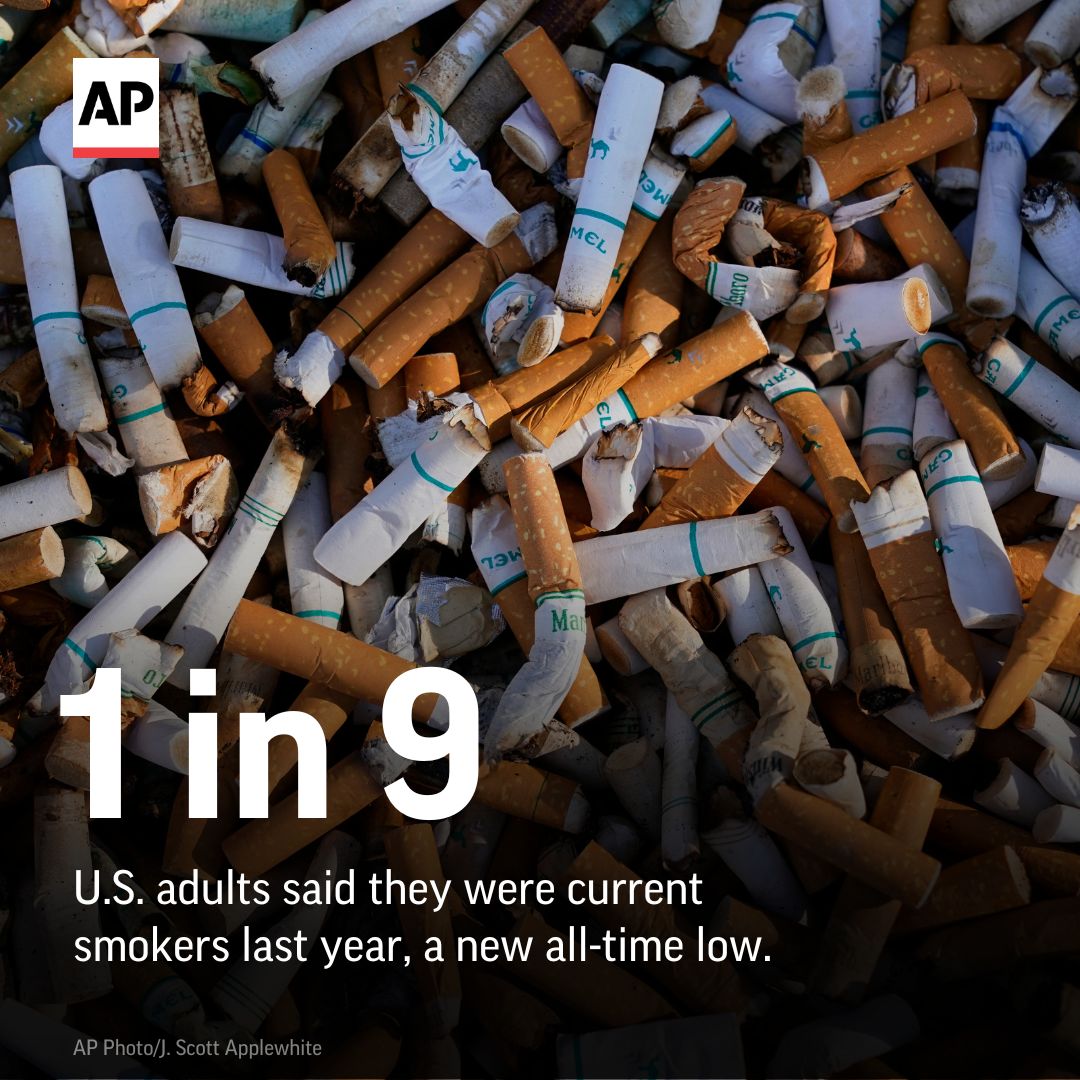 The rate of smokers in the U.S. continued to drop, with 1 in 9 U.S. adults saying the were smokers last year, the CDC found. But e-cigarette use rose to nearly 6% last year, according to survey data. apne.ws/6Phj5cq