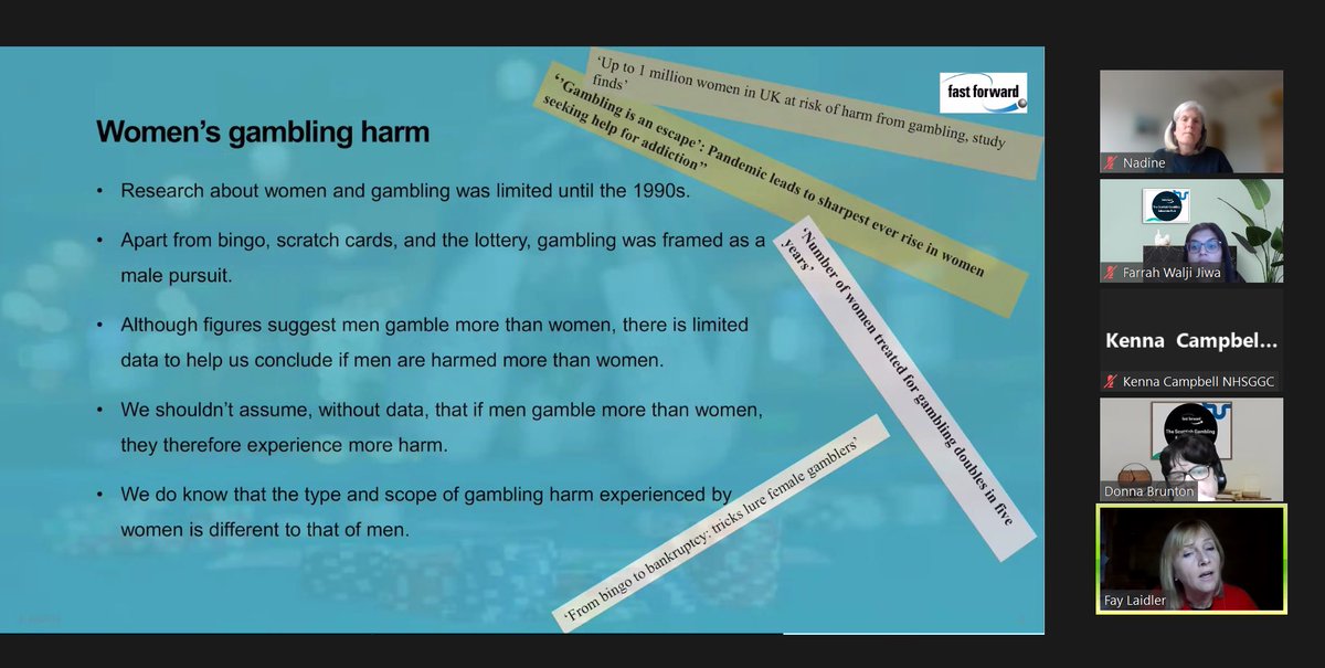 Live right now is our Stigma, Blame, Shame #SpecialTopicWebinar focusing on the impact of #gamblingharm on women. Thankful as always to @LaidlerFay for presenting and @NadineAshworth for being available to reach out to. @fastforwardorg @GamblingEduHub