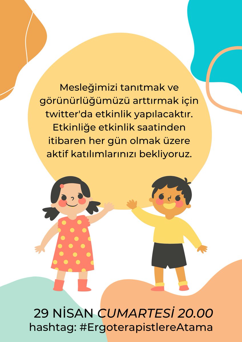 Cumartesi akşamı mesleğimizi tanıtmak ve alımların azlığını dile getirme amaçlı planladığımız twitter etkinliğimize başlıyoruz. Cumartesi günü akşamı ve sonraki günler tüm Ergoterapistler ve Ergoterapist adayları olarak belirlenen hashtag'de toplanalım.