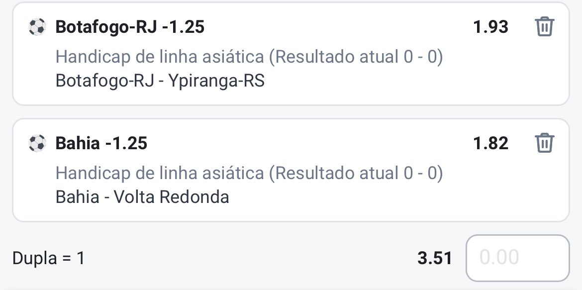 Hoje vamos nessa dupla de HC asiático.
-1,25 Botafogo
-1,25 Bahia

Entraremos com 1,5%.