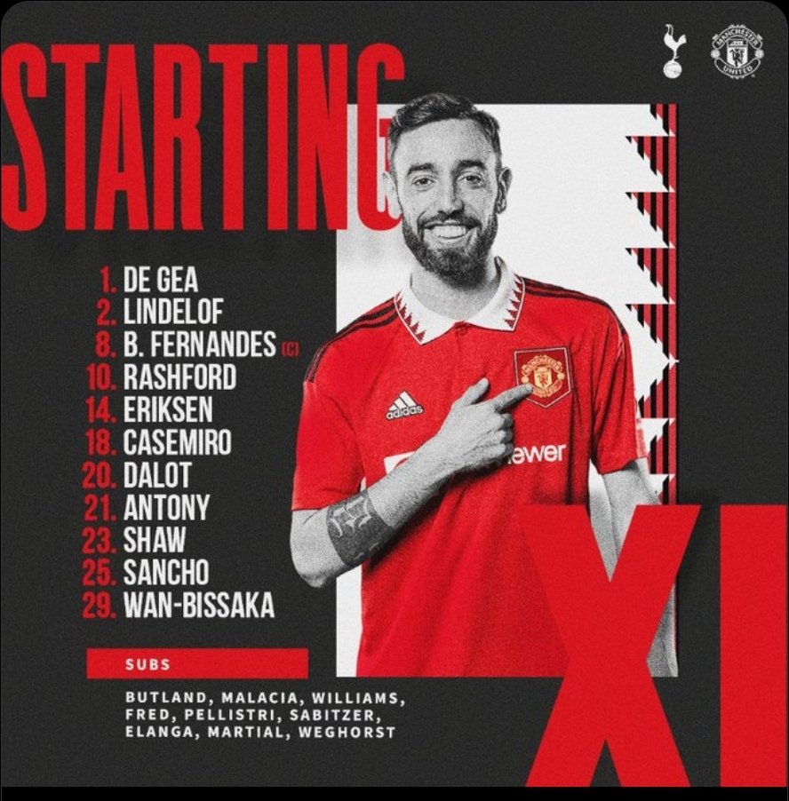 RedDevilsNicas's tweet photo. XI confirmado pata enfrentar a Tottenham.

Bruno que era dura y a pesar de no haber entrenado toda la semana, jugará de titular.

#MUFC https://t.co/CvNeQKtDMO