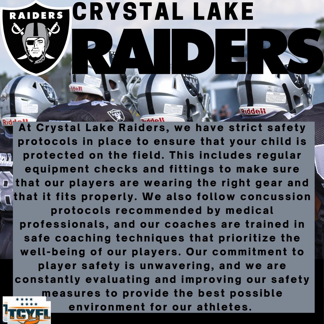 Our strict safety protocols include equipment checks, concussion protocols, and safe coaching techniques. We're dedicated to keeping your child protected while they play the game they love. #PlayerSafety #CrystalLakeRaiders #SafePlay #CrystalLakeil