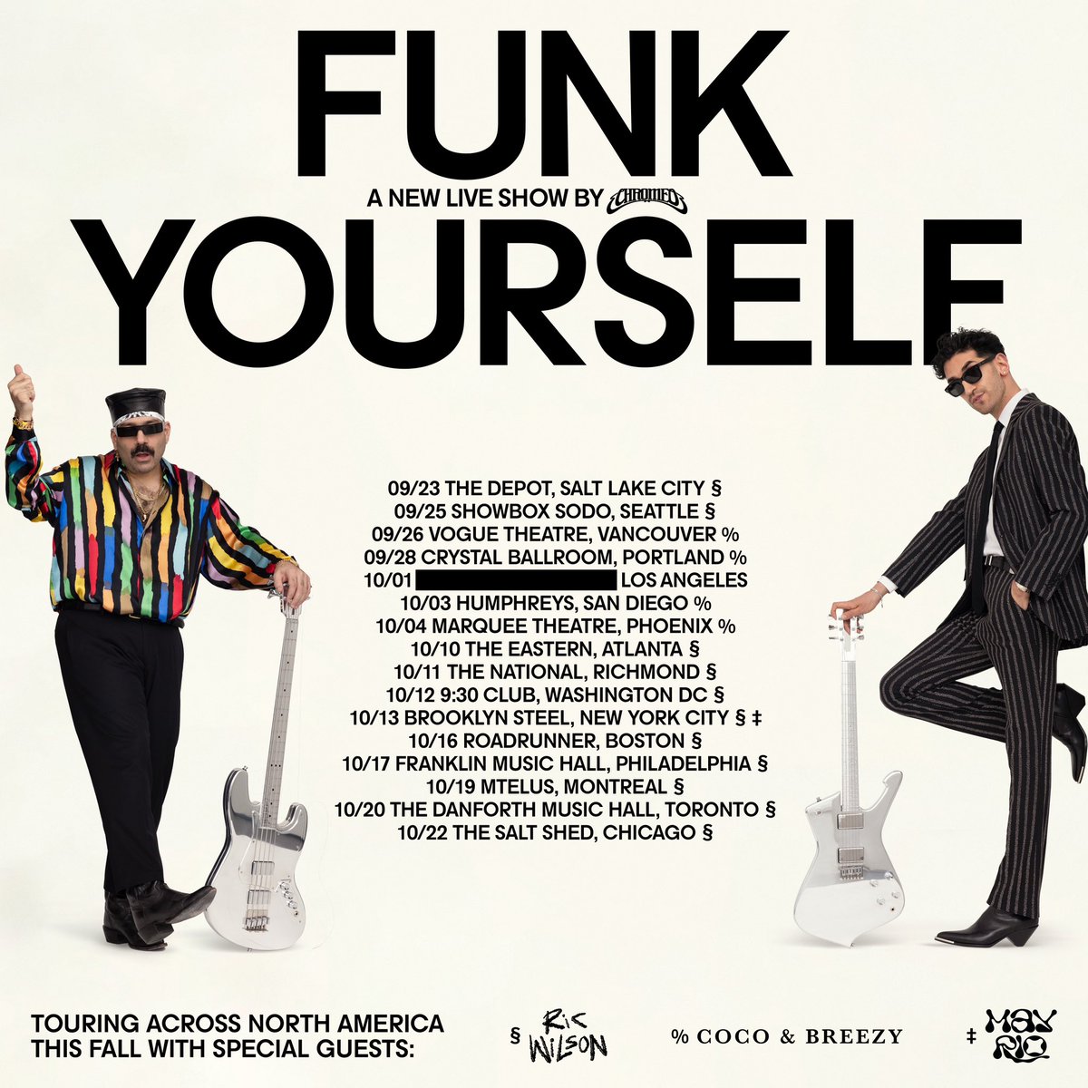 MajorsMGMTGroup's tweet photo. Announcing @RicWilson will be supporting @Chromeo on Their FUNK YOURSELF TOUR: North America. 

Presale begins Tuesday! 

Special guests: @RicWilson , @cocoandbreezy , and May Rio 

#Chromeo #Ricwilson #Funkyourselftour #tour  #MajorsMGMT https://t.co/KkdhnmDm2f