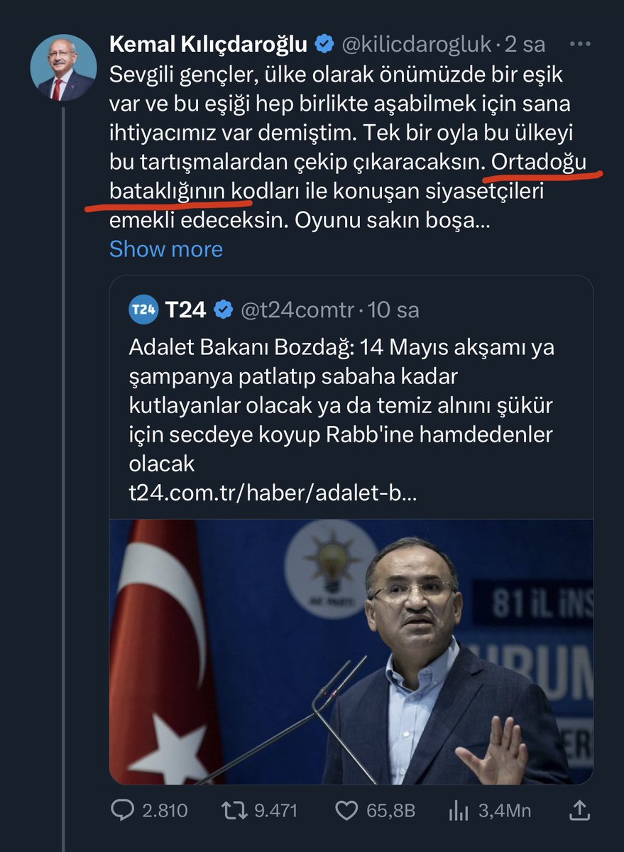 Secdeye gitmeyi, Allah’a şükretmeyi “Ortadoğu bataklığı” diye tanımlayanların  şimdi neden seccadelere ayakkabıyla bastığını daha iyi anlıyoruz.

Milletin değerleriyle problemi olanlara 14 Mayıs günü yine en güzel cevabı milletimiz verecektir.