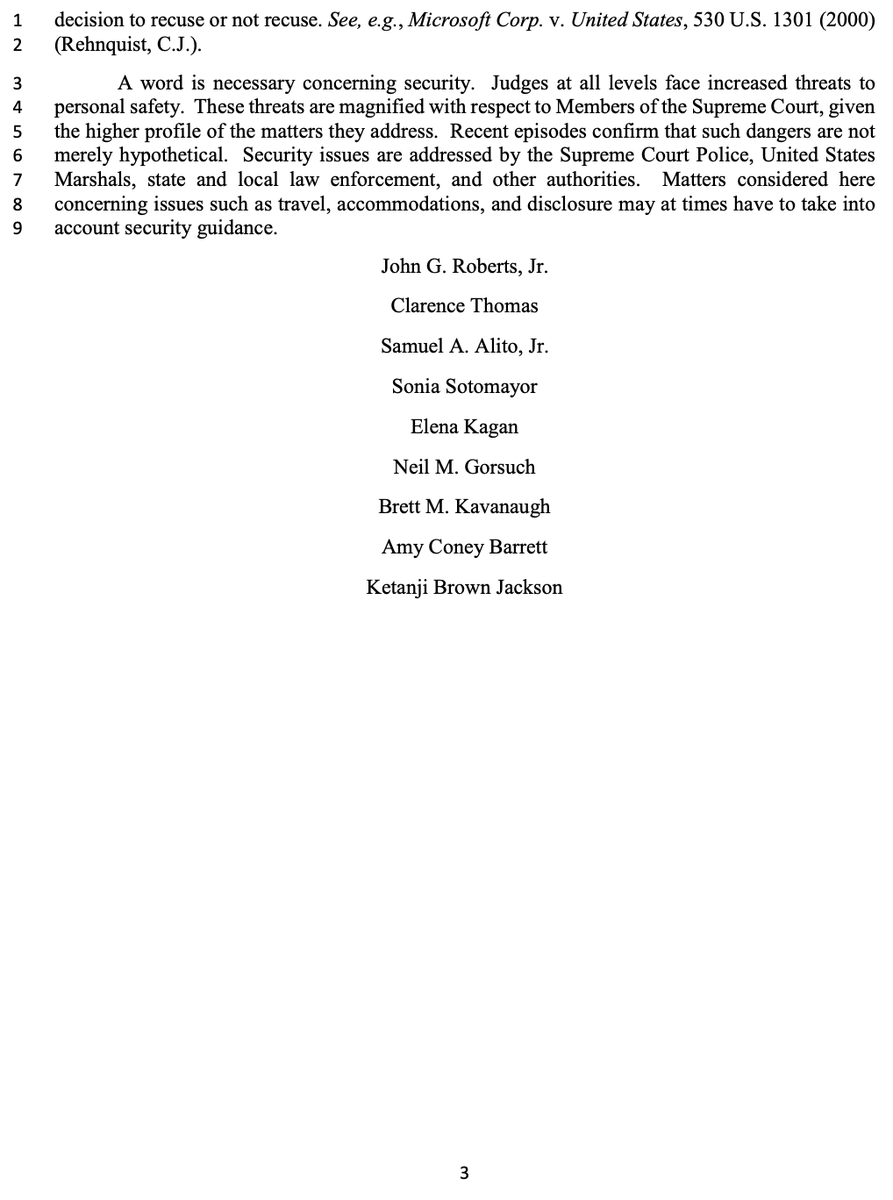 mrddmia's tweet photo. ICYMI from April 25, 2023:

All 9 justices issued an extremely rare--even unanimous--statement.

It details how and why the Supreme Court decides recusals on cases and other ethical issues.

It is carefully written, well-reasoned, and entirely convincing.

It should put to rest all the Democrats' (fake, political) concerns about Supreme Court ethics.

Before very recently, it was rare to hear concerns about ethics at the Supreme Court.

Democrat-appointed Supreme Court justices:

- taught overseas

- took trips with their friends (even an attorney with regular business before the Court)

- amended their ethics filings, after failing to disclose issues (including years of a spouse's legal-related income)

- failed to recuse on matters

- even heard cases involving a spouse's law firm

These were never treated as scandalous.

We never heard a peep from the media.

Until now.

Democrat politicians and their lapdogs in the media are now politicizing and weaponizing judicial ethics.

This is a political smear campaign.

To attack Republican-appointed justices.

With novel--and laughable--legal theories.

While ignoring the ethical issues with Democrat-appointed justices.

(Like regularly taking undisclosed lavish trips with an attorney and Fortune 5 board member with regular business before the Court.)

Democrats are now running this political smear campaign because we have the first constitutionalist Supreme Court in 90 years.

And these Democrats know the Supreme Court is the last line of defense.

Protecting Americans from government overreach and tyranny.

So these Democrats want to destroy the Supreme Court's legitimacy.

And the Supreme Court's judicial independence.

With the ultimate goal of destroying the Supreme Court.

With court-packing, impeachment, term limits, and jurisdiction-stripping.

Senate Democrats are holding a political hearing on Tuesday.

They want to legislatively enact a litany of bogus ethical traps.

So they can use them to attack conservative justices.

If Senate Democrats actually cared about government ethics, they would investigate President Biden and his extended family corruptly taking millions from Chinese and Ukrainian oligarchs.

(They don't care.)

The President is almost certainly compromised by corrupt and illegal payments from our foreign enemies.

(Crickets.)

This is all a political sham.

This is all about power.

@SenatorDurbin should be ashamed of himself.

He knows he's attacking judicial independence and the separation of powers.

But Durbin is too weak to stand up to his unhinged leftist colleagues, like @SenWhitehouse.

(Why does Sheldon Whitehouse still belong to his all-white, racist beach club?)

Truly shameful.

https://t.co/TOuEGPYidL