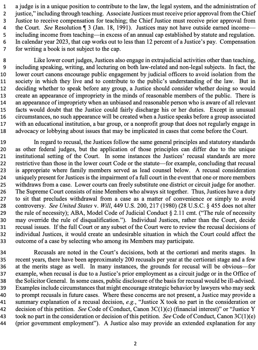 mrddmia's tweet photo. ICYMI from April 25, 2023:

All 9 justices issued an extremely rare--even unanimous--statement.

It details how and why the Supreme Court decides recusals on cases and other ethical issues.

It is carefully written, well-reasoned, and entirely convincing.

It should put to rest all the Democrats' (fake, political) concerns about Supreme Court ethics.

Before very recently, it was rare to hear concerns about ethics at the Supreme Court.

Democrat-appointed Supreme Court justices:

- taught overseas

- took trips with their friends (even an attorney with regular business before the Court)

- amended their ethics filings, after failing to disclose issues (including years of a spouse's legal-related income)

- failed to recuse on matters

- even heard cases involving a spouse's law firm

These were never treated as scandalous.

We never heard a peep from the media.

Until now.

Democrat politicians and their lapdogs in the media are now politicizing and weaponizing judicial ethics.

This is a political smear campaign.

To attack Republican-appointed justices.

With novel--and laughable--legal theories.

While ignoring the ethical issues with Democrat-appointed justices.

(Like regularly taking undisclosed lavish trips with an attorney and Fortune 5 board member with regular business before the Court.)

Democrats are now running this political smear campaign because we have the first constitutionalist Supreme Court in 90 years.

And these Democrats know the Supreme Court is the last line of defense.

Protecting Americans from government overreach and tyranny.

So these Democrats want to destroy the Supreme Court's legitimacy.

And the Supreme Court's judicial independence.

With the ultimate goal of destroying the Supreme Court.

With court-packing, impeachment, term limits, and jurisdiction-stripping.

Senate Democrats are holding a political hearing on Tuesday.

They want to legislatively enact a litany of bogus ethical traps.

So they can use them to attack conservative justices.

If Senate Democrats actually cared about government ethics, they would investigate President Biden and his extended family corruptly taking millions from Chinese and Ukrainian oligarchs.

(They don't care.)

The President is almost certainly compromised by corrupt and illegal payments from our foreign enemies.

(Crickets.)

This is all a political sham.

This is all about power.

@SenatorDurbin should be ashamed of himself.

He knows he's attacking judicial independence and the separation of powers.

But Durbin is too weak to stand up to his unhinged leftist colleagues, like @SenWhitehouse.

(Why does Sheldon Whitehouse still belong to his all-white, racist beach club?)

Truly shameful.

https://t.co/TOuEGPYidL