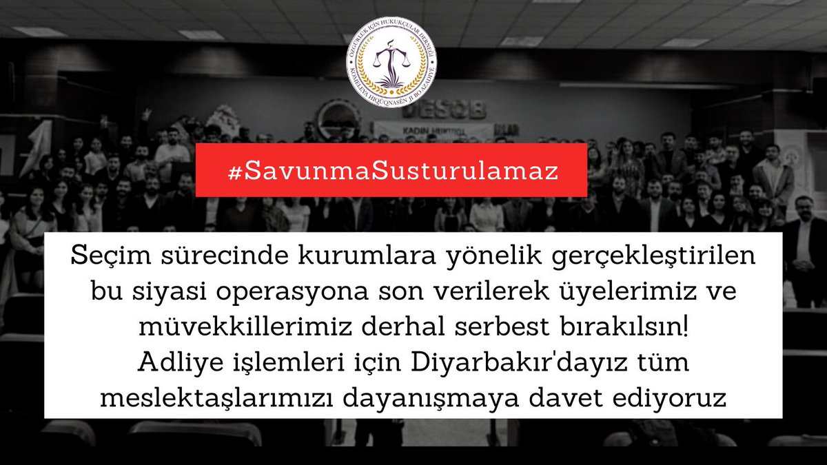 ohdgenelmerkez's tweet photo. Seçim sürecinde kurumlara yönelik gerçekleştirilen bu siyasi operasyona son verilerek üyelerimiz ve müvekkillerimiz derhal serbest bırakılsın! 

Adliye işlemleri için Diyarbakır'dayız tüm meslektaşlarımızı dayanışmaya davet ediyoruz.

#SavunmaSusturulamaz https://t.co/KYePZczTI7