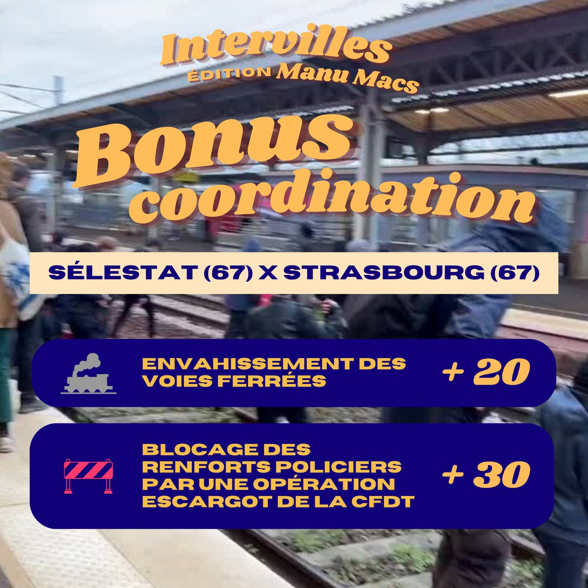 Très bel exemple de coordination avec #Selestat qui récidive en envahissant la voie ferrée, la police appelant des renforts qui ne viendront pas car bloqués par une opération escargot de la CFDT entre Strasbourg et Colmar !
#IntervillesMacron #IntervillesDuZbeul