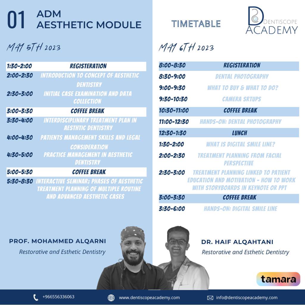 One more week left ‼️📣

ADM 1: Aesthetic is around the corner 🗓️

Join us in Citadines ABHA this May 5-6th 2023📍

CME ACCREDITED 🏆

For more info:

📞 +966556336063
📧 info@dentiscopeacademy.com
🌐 dentiscopeacademy.com
🔗 shorturl.at/eCGKYr