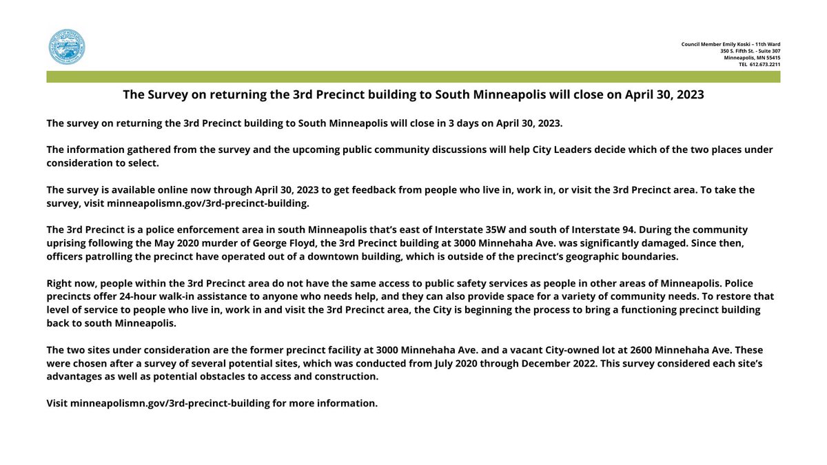 The survey on returning the 3rd Precinct building to South Minneapolis will close in 3 days on April 30, 2023. https://t.co/ntc5lupSNw