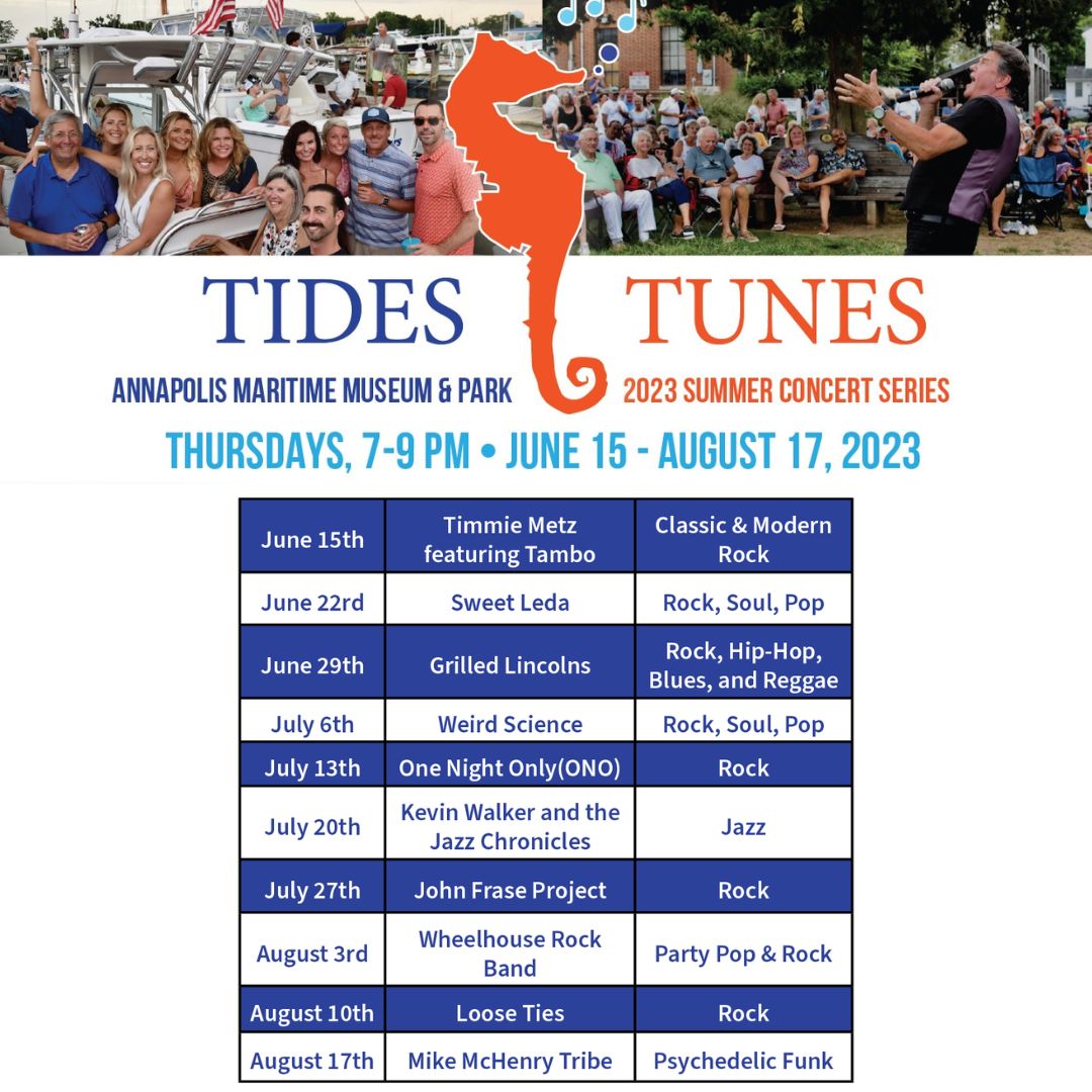 AMM's Summer Concert Series, Tides & Tunes, is BACK ... plan your summer, SAVE THE DATES and JOIN US every Thursday, June 15 - August 17 !
For more details CLICK HERE --> amaritime.org/tides-tunes-su…
#annapolismaritimemuseum #maritime #museum #annapolis #annapolismd
