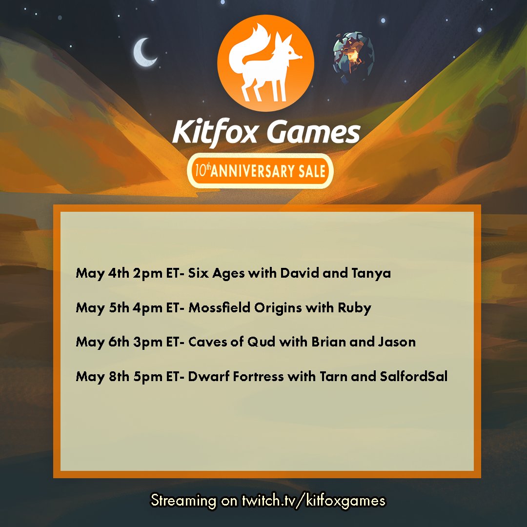 KitfoxGames's tweet photo. We are celebrating our 10th birthday with a series of steams featuring a bunch of special developer guests!  

Watch to hear about exciting updates on upcoming games and some surprises the community has been cooking up for Tarn? Tune in to find out! 👀 https://t.co/184cxsjMoq