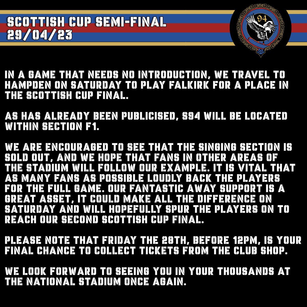 Our message to fans ahead of the Scottish Cup Semi-Final.

The energy in the stands will be matched by the players on the pitch.

Safe travels, we'll see you at Hampden.

#ICTFC #S94