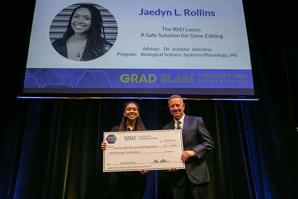 SJSU's tweet photo. Congrats to 2023 Grad Slam winner Jaedyn L. Rollins, second-place finisher Hoang-Vi Vu, Audience Choice winner Peace Lu and all of the finalists! 

Rollins advances to the @calstate Grad Slam competition held at San Diego State University on May 5. https://t.co/eNQdAq0w2t https://t.co/C6Y76f42ln