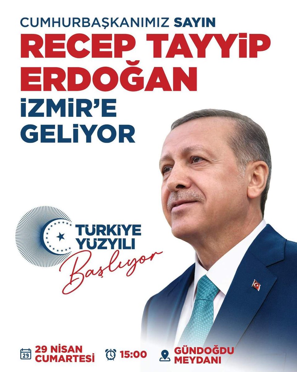 İzmir’imiz özlemle beklediği Cumhurbaşkanımız ve Genel Başkanımız Sayın <a href="/RTErdogan/">Recep Tayyip Erdoğan</a> şehrimize geliyor. 

#ReisİzmireGeliyor 

🗓️ 29 Nisan 2023 Cumartesi 
⏰ 15.00
📍 Gündoğdu Meydanı