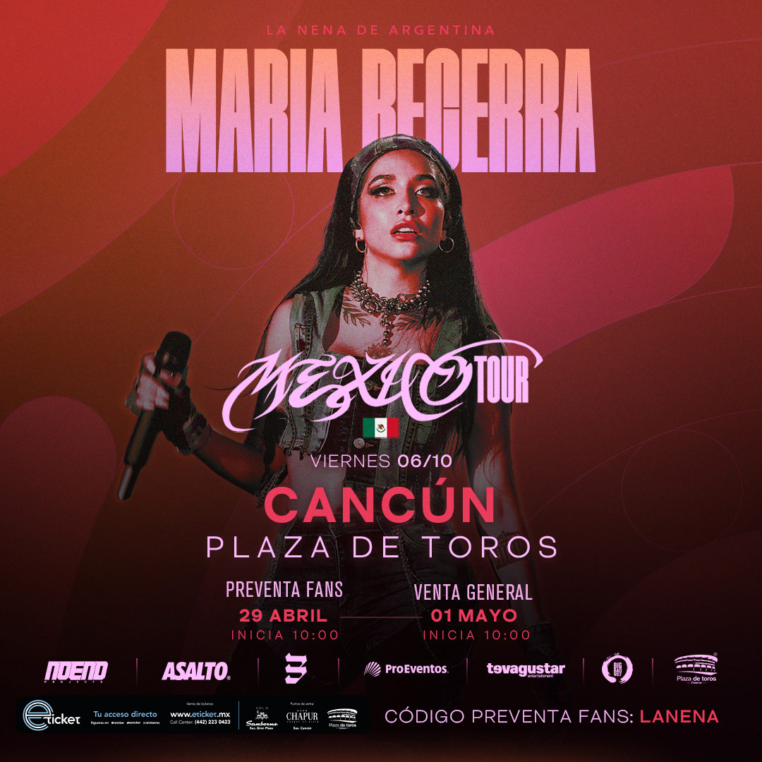 eticket's tweet photo. 💥 #Proeventos presenta a @MariaBecerra22, la "Nena de Argentina", por primera vez en #Cancún, como parte de su #MéxicoTour. 🔥🎶🎤
👉🏼 Preventa fans: 29 de abril
🔆 CÓDIGO: LANENA
👉🏼 Venta general: 1ro de mayo
🌎 https://t.co/H3oi0BaQmE. https://t.co/taVcQrSjwc