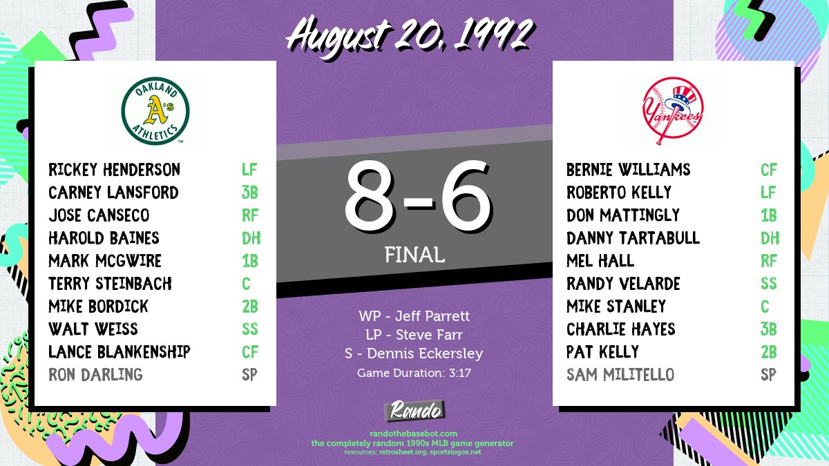 RandoBasebot's tweet image. Today&apos;s completely random game is @Athletics vs. @Yankees on August 20, 1992. #RandoBasebot

🤖: randothebasebot.com/?game=OAK_NYA_…