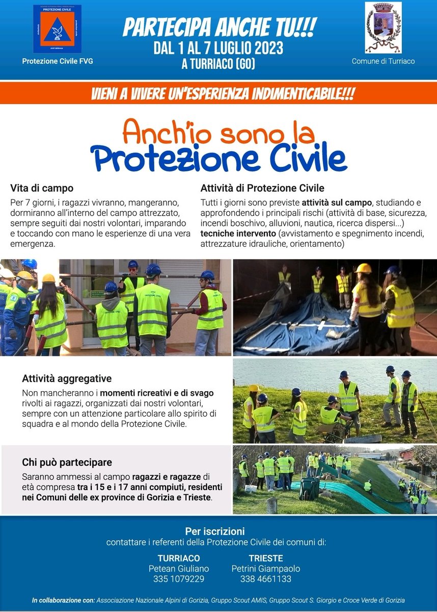 Vieni a vivere un'esperienza indimenticabile 

Partecipa anche tu dal 01 al 07 luglio 2023 a Turriaco (GO)

Potrai dire....
 " anch'io sono la Protezione 
Civile"