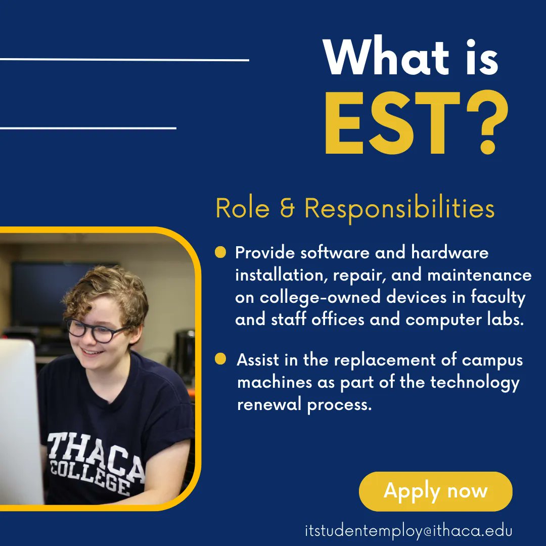 IthacaIT's tweet image. IT@IC has open student employement positions in the four following areas: EST, AVT, SC &amp;amp; BCA. These positions begin Fall 2023, apply via HR Cloud. Contact itstudentemploy@ithaca.edu with questions regarding the process!