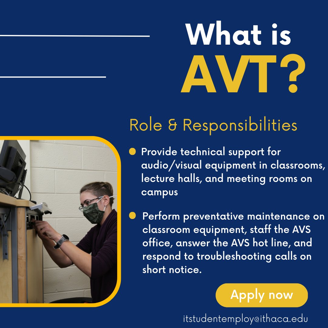 IthacaIT's tweet image. IT@IC has open student employement positions in the four following areas: EST, AVT, SC &amp;amp; BCA. These positions begin Fall 2023, apply via HR Cloud. Contact itstudentemploy@ithaca.edu with questions regarding the process!