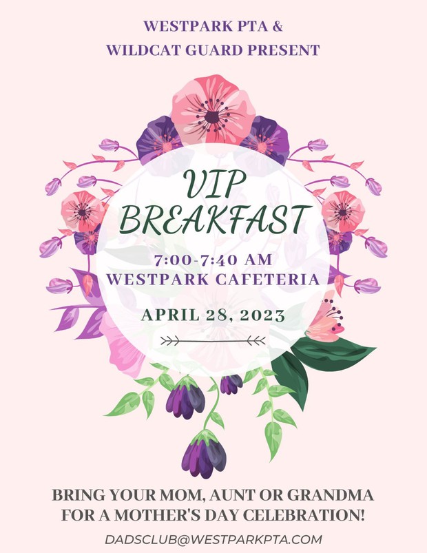Don't forget tomorrow morning their will be a special breakfast for you and the mom in your life!!! Please join us at 7:00 in the cafeteria to celebrate and spend time with those special ladies!!!💗🌺