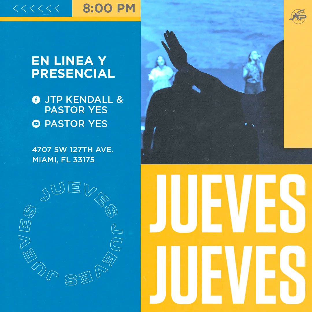 A nuestra familia de JTP Kendall Los esperamos HOY a las 8 PM en #JTPKTuCasa para nuestro servicio de Adoración y Milagros 🙏🏻

Si no estas en el area de Miami, puedes conectarte con nosotros a traves de nuestras redes sociales.
.
.

#JTPKendall  #Adoracion #Oracion #Alabanza