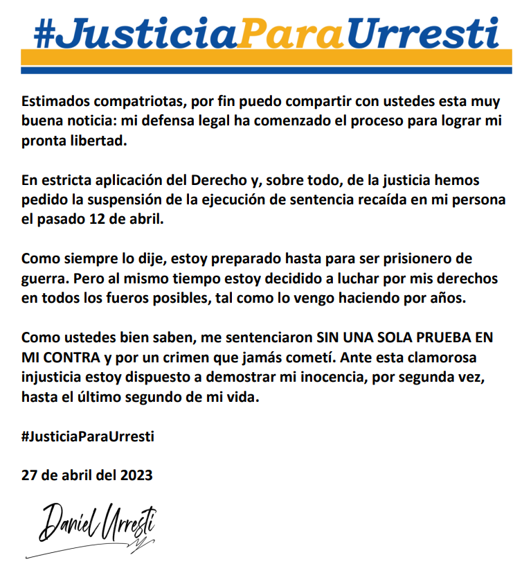 DanielUrresti1's tweet photo. Estimados compatriotas, por fin puedo compartir con ustedes esta muy buena noticia: mi defensa legal ha comenzado el proceso para lograr mi pronta libertad.
Los argumentos de mi defensa son contundentes. 
#JusticiaParaUrresti https://t.co/uZyINQ3etM