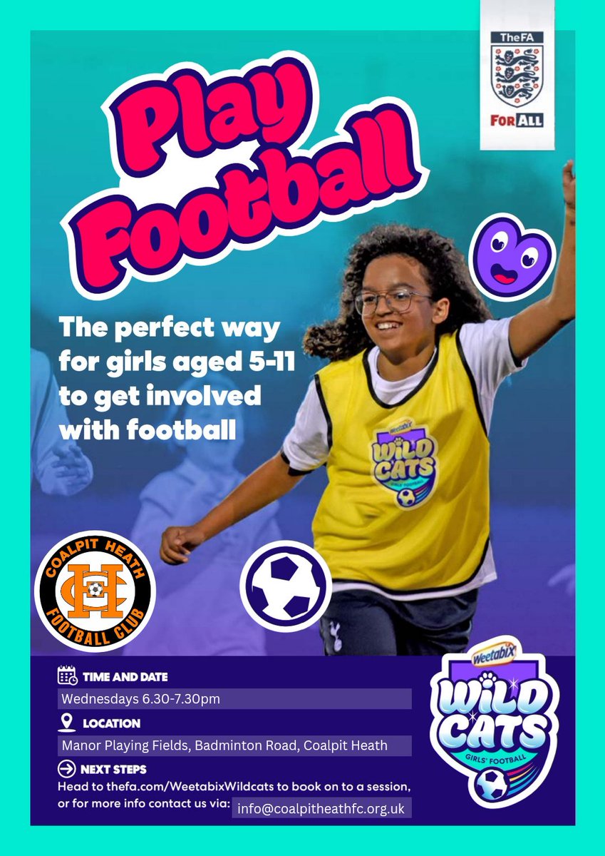 CoalpitFC's tweet photo. The first Weetabix Wildcats session kicks off on Wednesday 6.30-7.30pm on the Manor playing fields.

If interested, please register by emailing info@coalpitheathfc.org.uk https://t.co/qT5Vy83br3