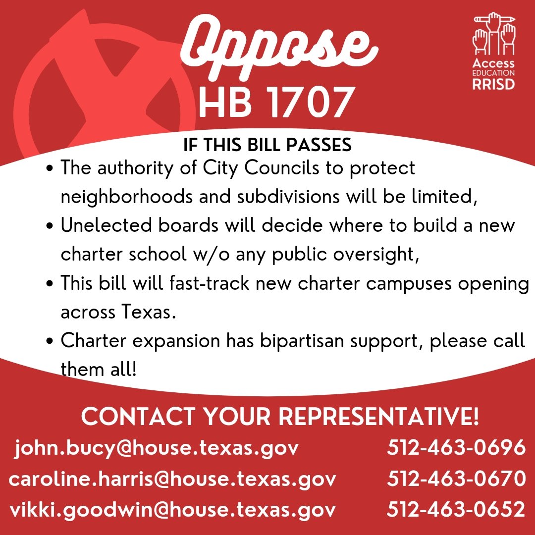 @CarolineForTX @BucyForTexas @VikkiGoodwinTX 
#HB1707 is being heard on the House floor today! We understand that historically, charters have enjoyed bipartisan support. Now, we believe, we need to refocus on our neighborhood public schools.