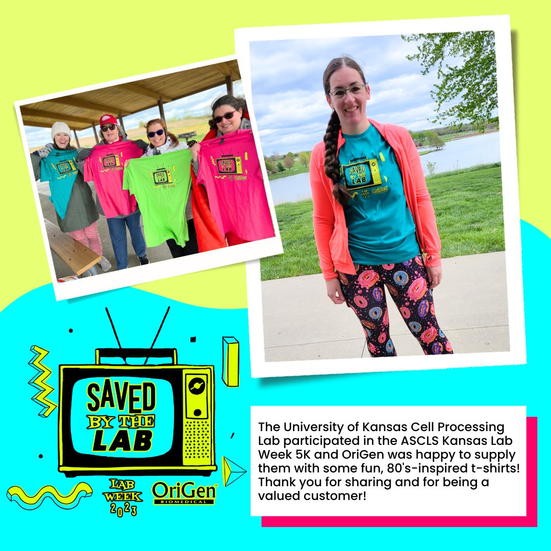 The University of Kansas Cell Processing Lab participated in the @ASCLS Kansas #LabWeek 5K and OriGen was happy to supply them with some fun, 80's-inspired t-shirts! Thank you for sharing and for being a valued customer! #LabWeek2023 #LabWeekRun #MLPW2023 #ASCLS