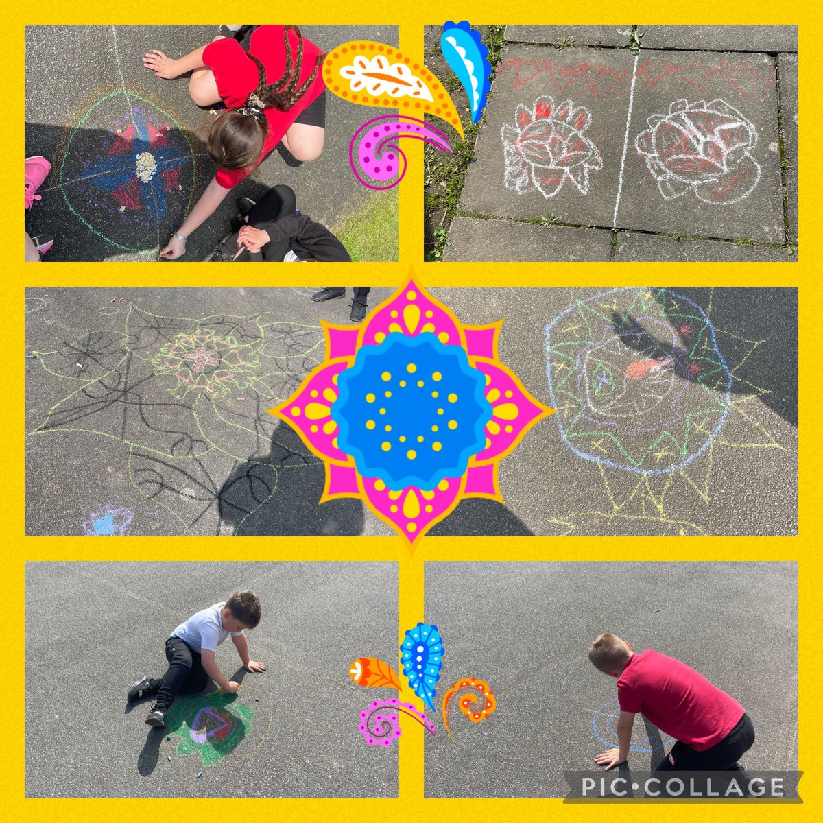 MissLAllen's tweet photo. @BrynGwalia Lots of fun in the sun creating our own rangoli patterns! ☀️ 🎨 #WalesOutdoorLearningWeek https://t.co/lDHTorizq5