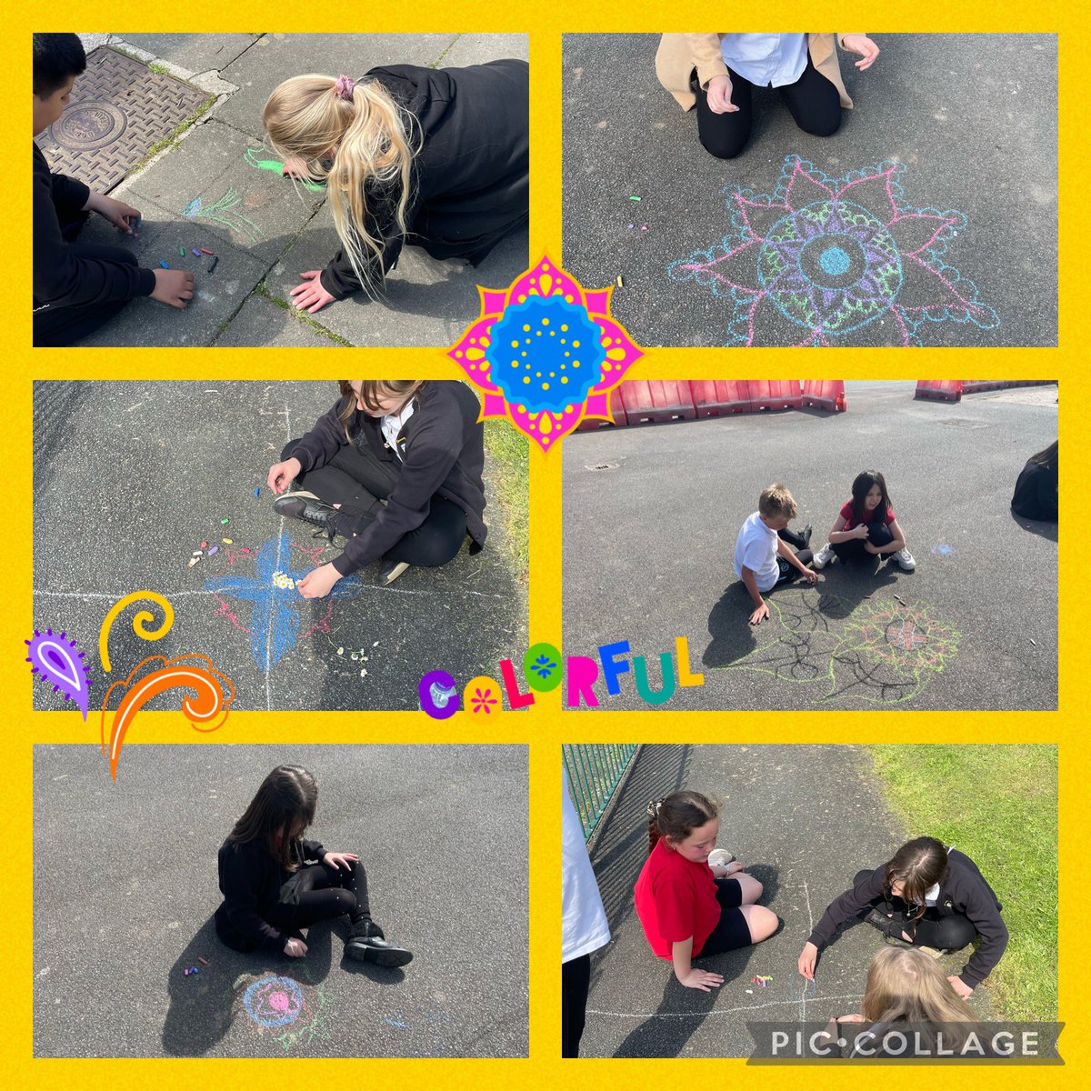 MissLAllen's tweet photo. @BrynGwalia Lots of fun in the sun creating our own rangoli patterns! ☀️ 🎨 #WalesOutdoorLearningWeek https://t.co/lDHTorizq5