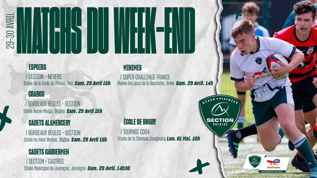SectionPaloise's tweet photo. ๐ Le programme de nos ๐๐๐ข๐๐๐ pour ce week-end avec un match trรจs important pour nos Espoirs samedi ร 15h ร la Croix-du-Prince. Ils disputeront la 1รจre place de leur poule face ร Nevers !
๐ข Venez nombreux les soutenir !
#HonhaSection #SectionFormation https://t.co/t4XdFJEuRo