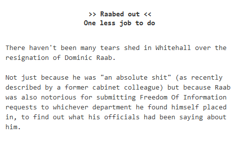 PolitlcsUK's tweet photo. 🚨 | NEW: Dominic Raab submitted regular Freedom of Information requests to the Cabinet Office just to see what civil servants were saying about him 

[@popbitch] https://t.co/g9FukjFKU6