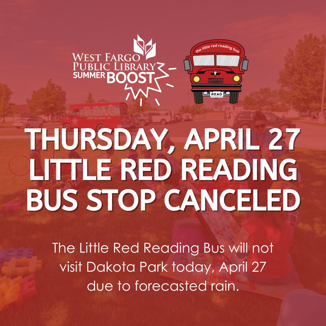 Tonight's Little Red Reading Bus stop at Dakota Park is canceled due to forecasted rain. We apologize for the inconvenience and look forward to a fun summer of reading and playing together at various parks from June 5 to Aug. 3. thelittleredreadingbus.com