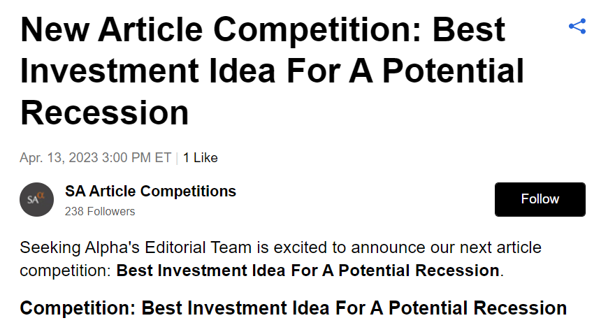 ss_seekingalpha's tweet photo. Tomorrow is the last date (April 28, 23:59 ET) to submit for @SeekingAlpha's competition: "Best Investment Idea For A Potential Recession". You can read guidelines &amp; prize details in the below link.
 
#stocks #ETFs #cryptocurrency #investing #stockmarket

https://t.co/CRlZZRVeXS https://t.co/8pv0WUTP0F